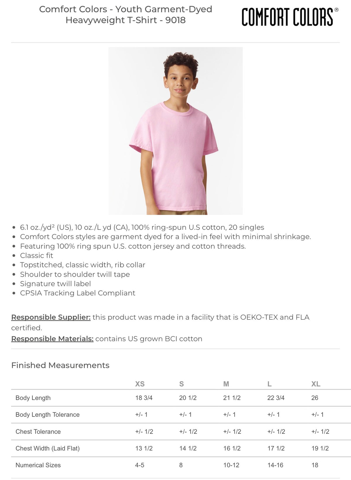 Comfort Colors Youth 9018 size chart