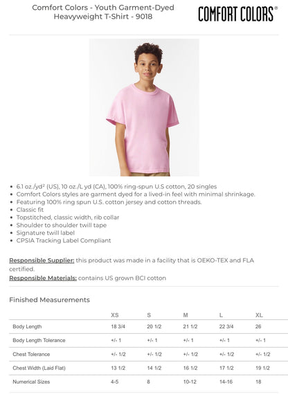 Comfort Colors Youth 9018 size chart