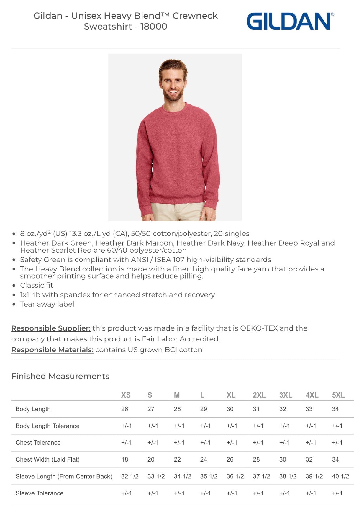 Gildan 18000 adult crewneck sweatshirt size chart