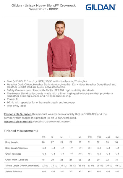 Gildan 18000 adult crewneck sweatshirt size chart