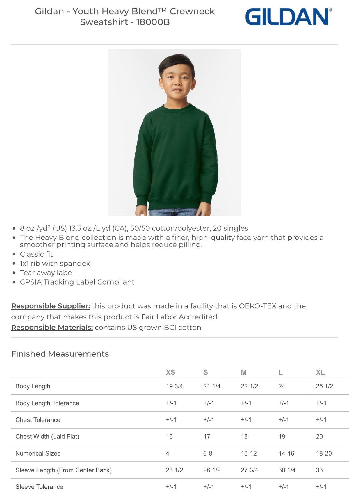Gildan 18000B youth crewneck sweatshirt size chart