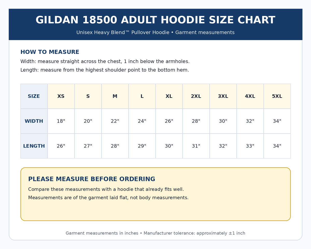 Gildan 18500 adult hoodie size chart and measuring guide