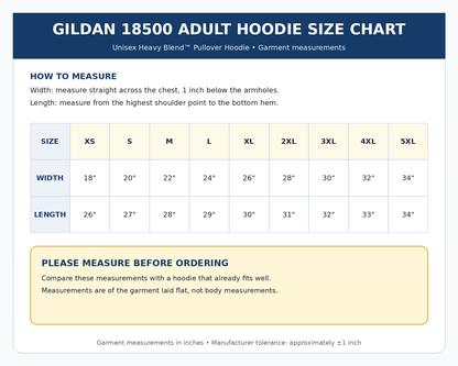 Gildan 18500 adult hoodie size chart and measuring guide