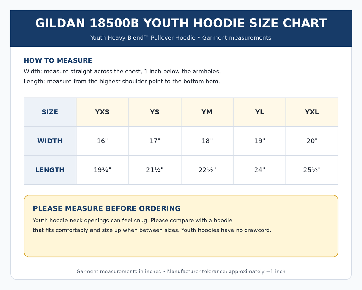 Gildan 18500B youth hoodie size chart with snug neck opening warning