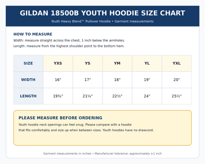 Gildan 18500B youth hoodie size chart with snug neck opening warning