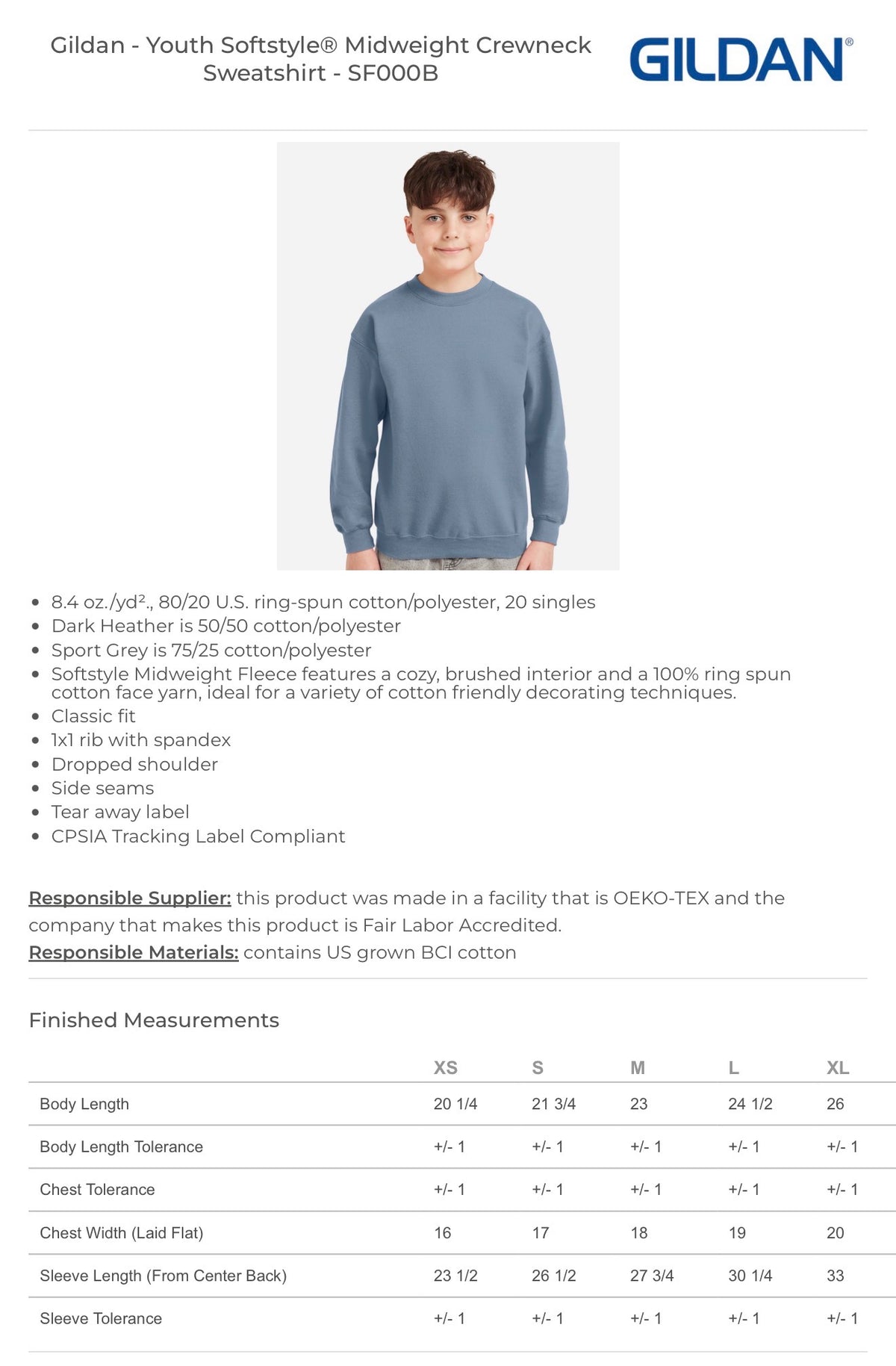 Gildan SF000B youth crewneck size chart