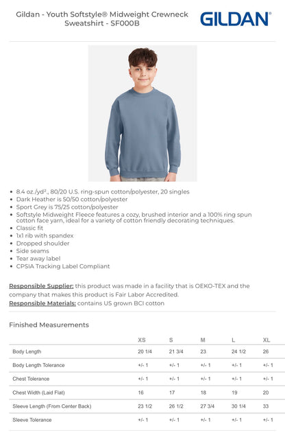 Gildan SF000B youth crewneck size chart