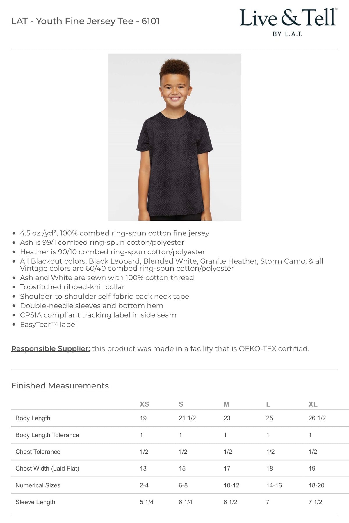 LAT Youth 6101 size chart