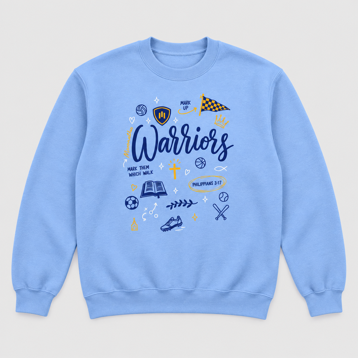 Maranatha Warriors Faith and Sports Doodle Carolina blue crewneck sweatshirt