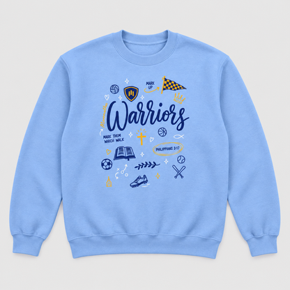 Maranatha Warriors Faith and Sports Doodle Carolina blue crewneck sweatshirt