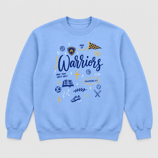 Maranatha Warriors Faith and Sports Doodle Carolina blue crewneck sweatshirt