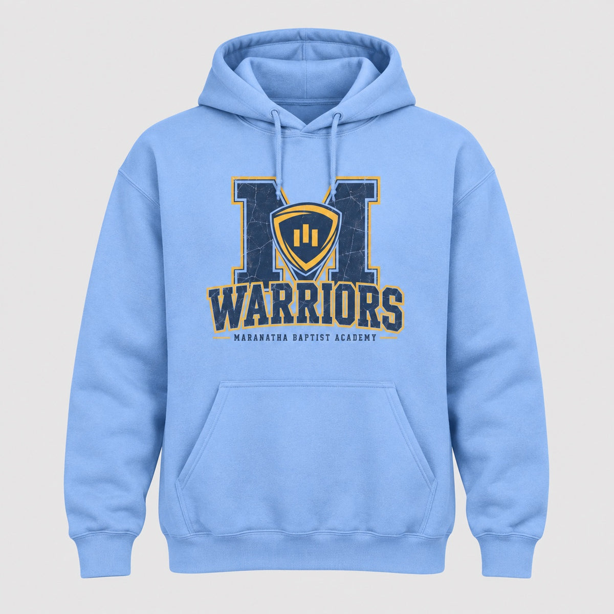 Maranatha M Crest Warriors design on Carolina Blue hoodie