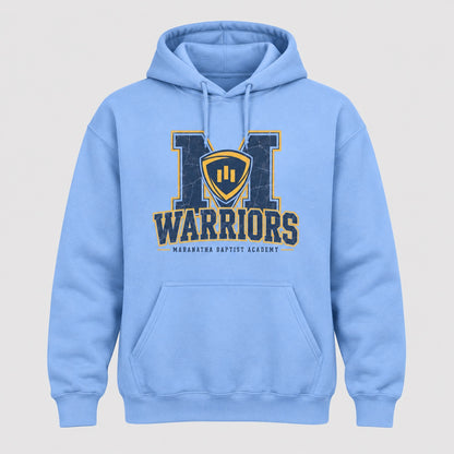 Maranatha M Crest Warriors design on Carolina Blue hoodie