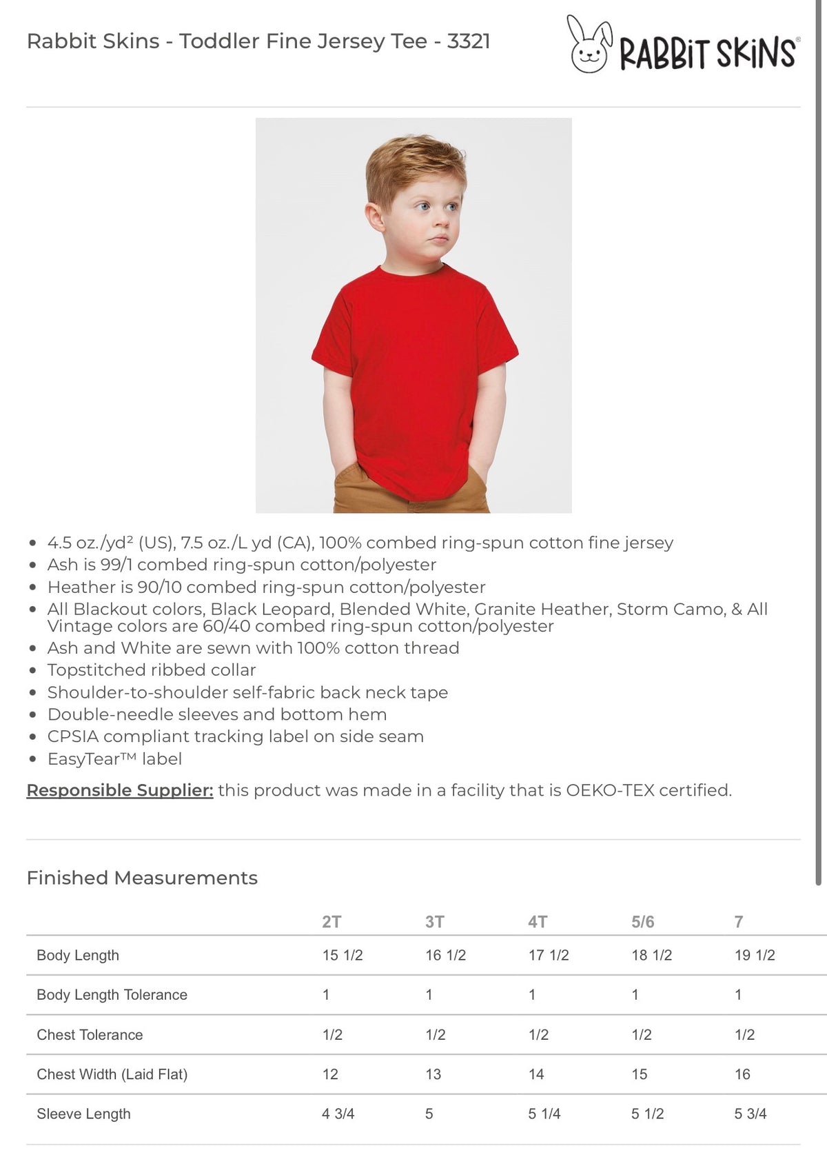 Rabbit Skins Toddler 3321 size chart